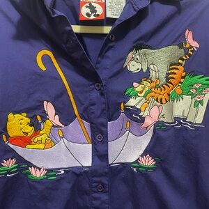 Women's Purple Button Down Shirt with Embroidered Characters